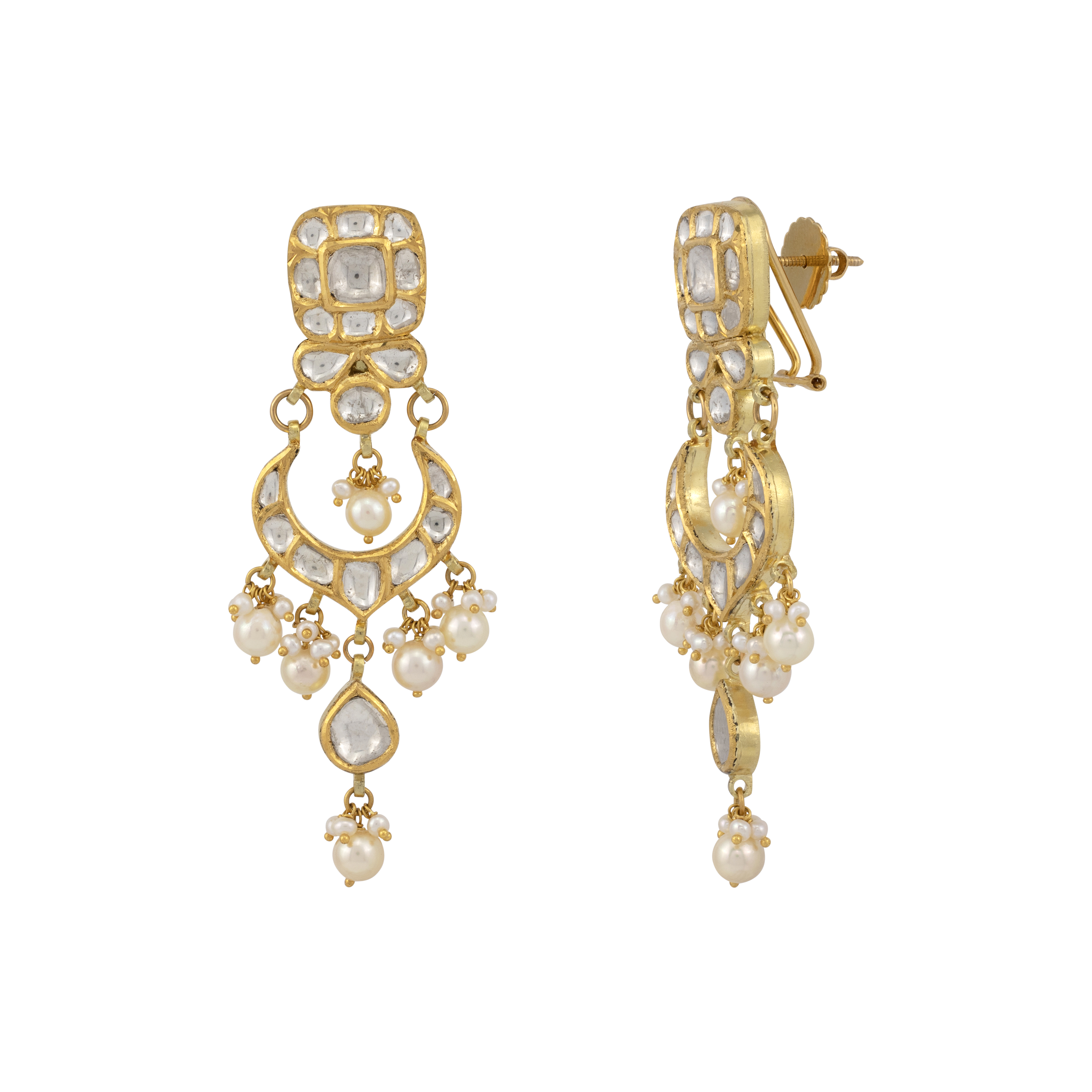 Crescent Polki Earrings with Pearl Drops and Square Diamonds